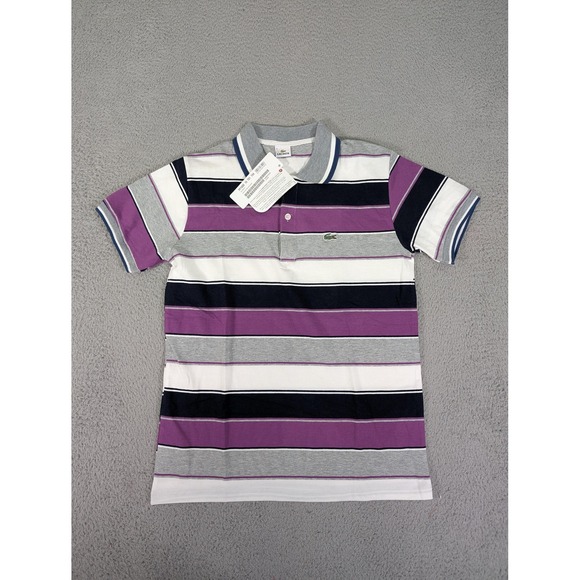 Lacoste Polo Shirt Womens Large Gray Purple Stripe Pique Stretch Croc Logo New - Picture 1 of 8